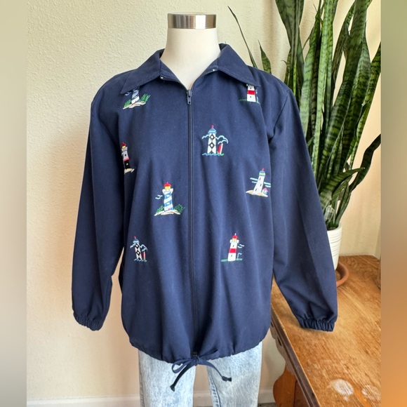 Vintage Lighthouse Embroidered Zip Up Jacket Navy Coastal S - Picture 1 of 8